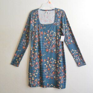 Mudd Dress, Size XL, Dark Green Floral Print Shift, Long Sleeves
